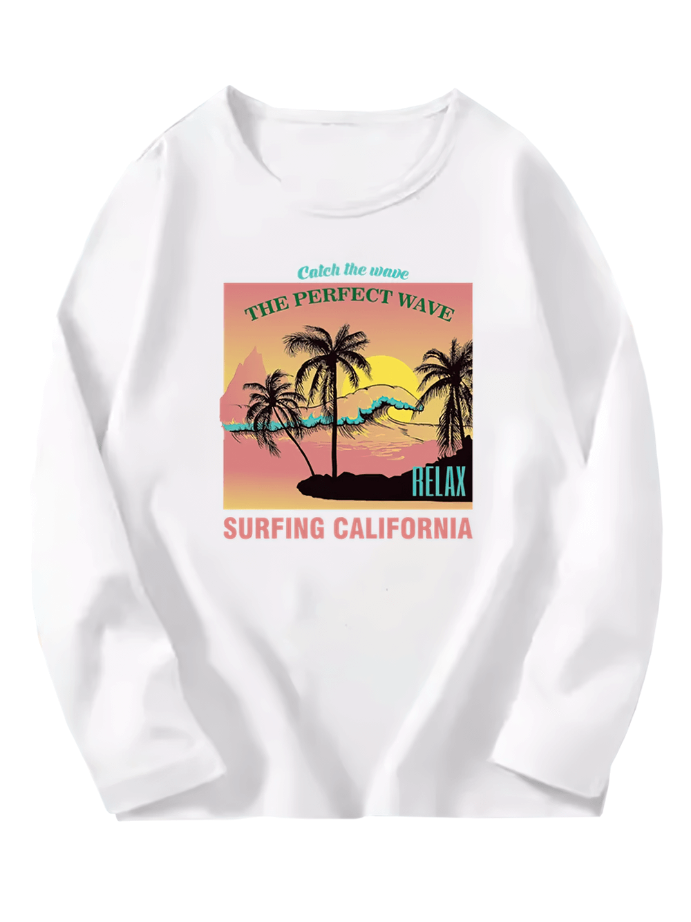 Kids Surfing California print long sleeve top with palm trees and waves, soft cotton, perfect for beach lovers - SF3112.